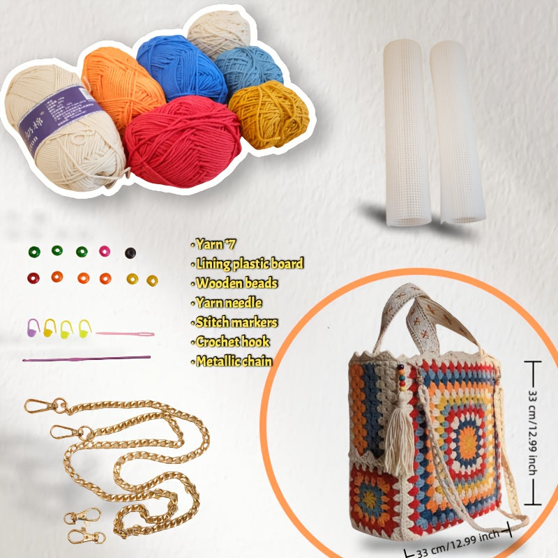 Granny Square Tote Bag DIY Kit With Metallic Chain Yarn