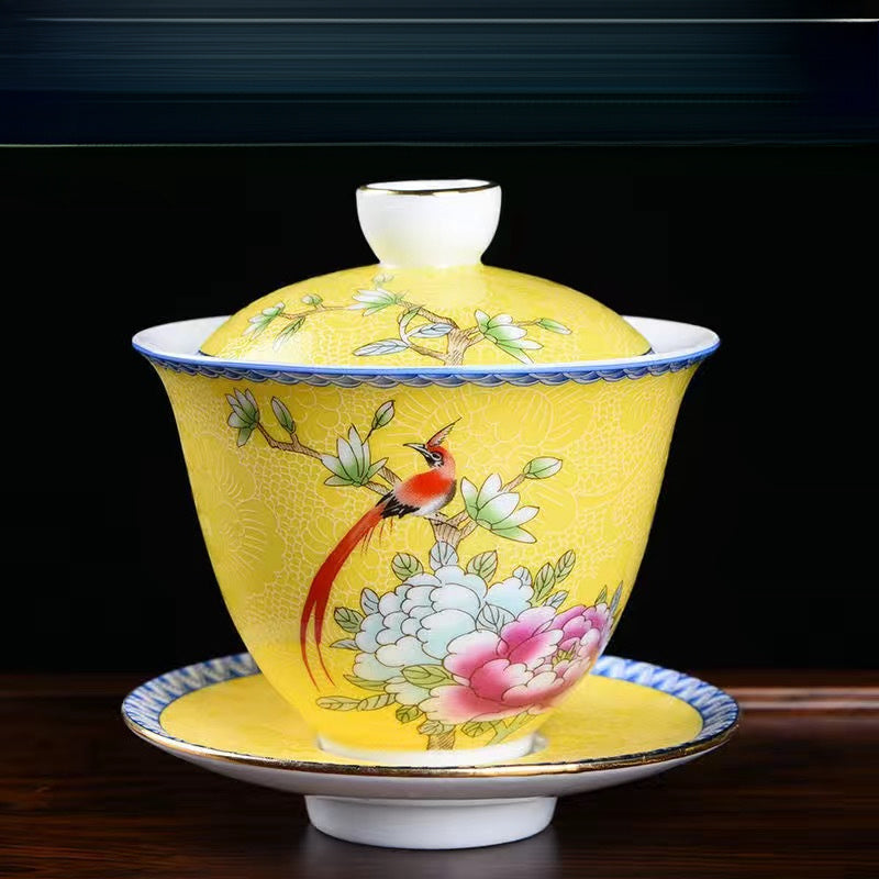 Ceramic Enamel Covered Tea Cup Set With Lid And Decor