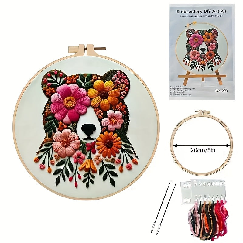 Vibrant Floral Embroidery Kit Bear And Flower Black Outline