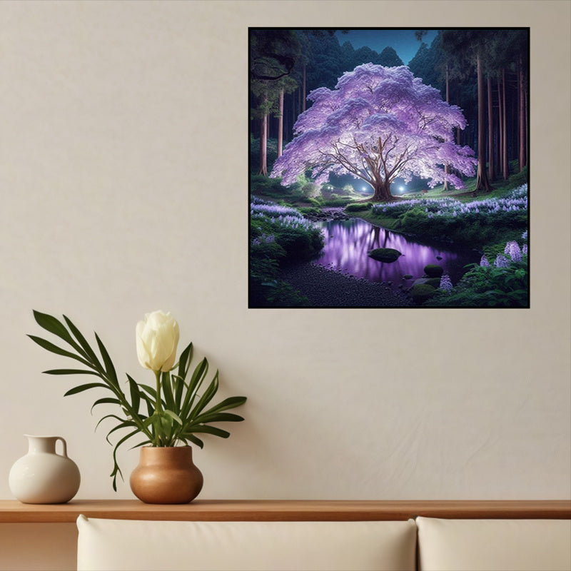 5D Purple Night Light Cherry Blossom Diamond Painting Kit