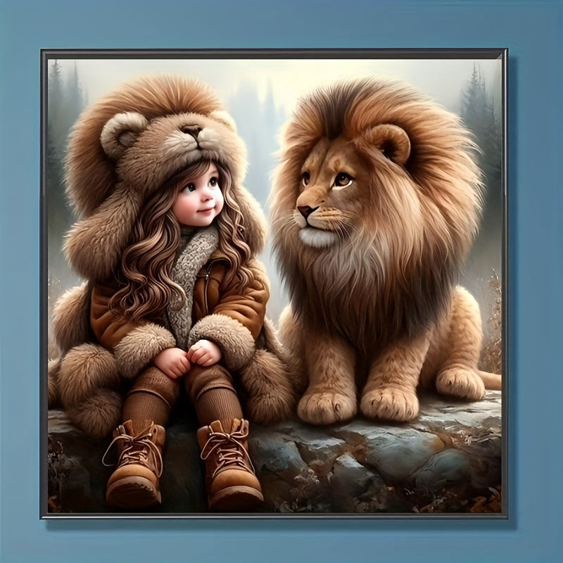 Frameless Little Girl And Her Lion Round Diamond Painting