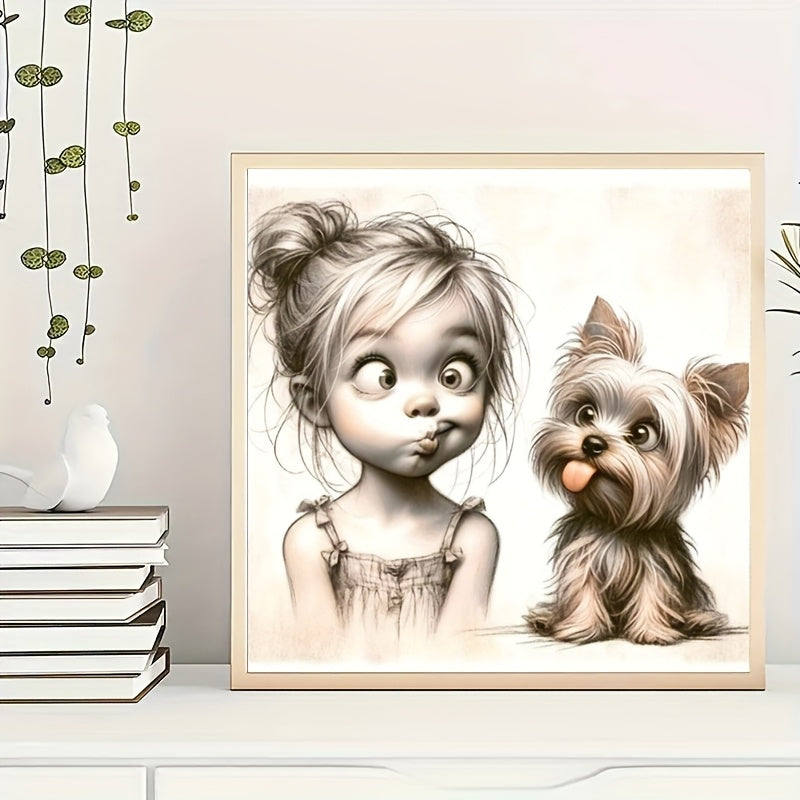 Diamond Art DIY Full Round Grumpy Face With Kid Dog