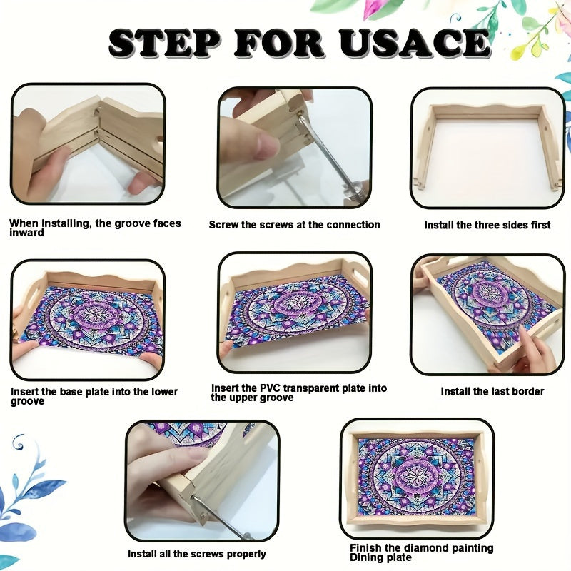 5D Diamond Painting Kit Purple Blue Mandala Wooden Tray