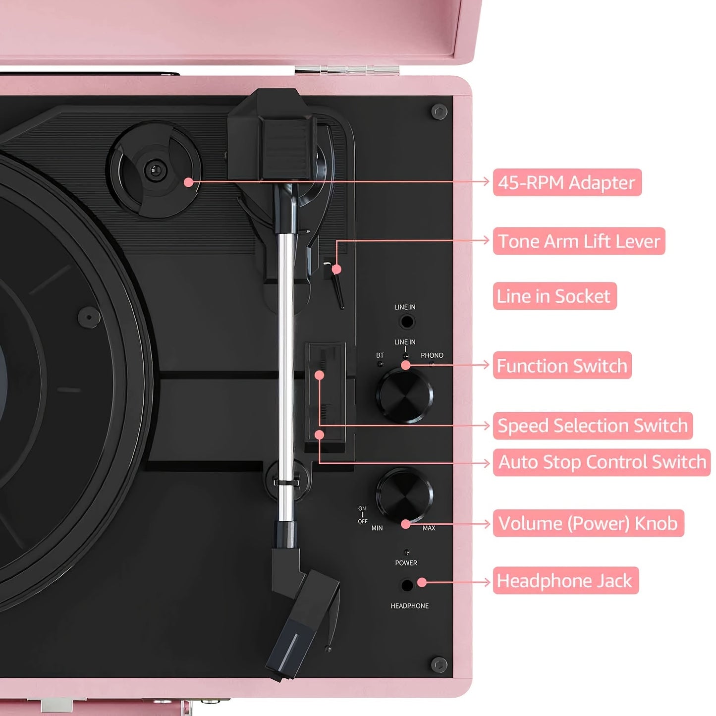 Pink Portable Bluetooth Vinyl Record Player 3 Speed Battery