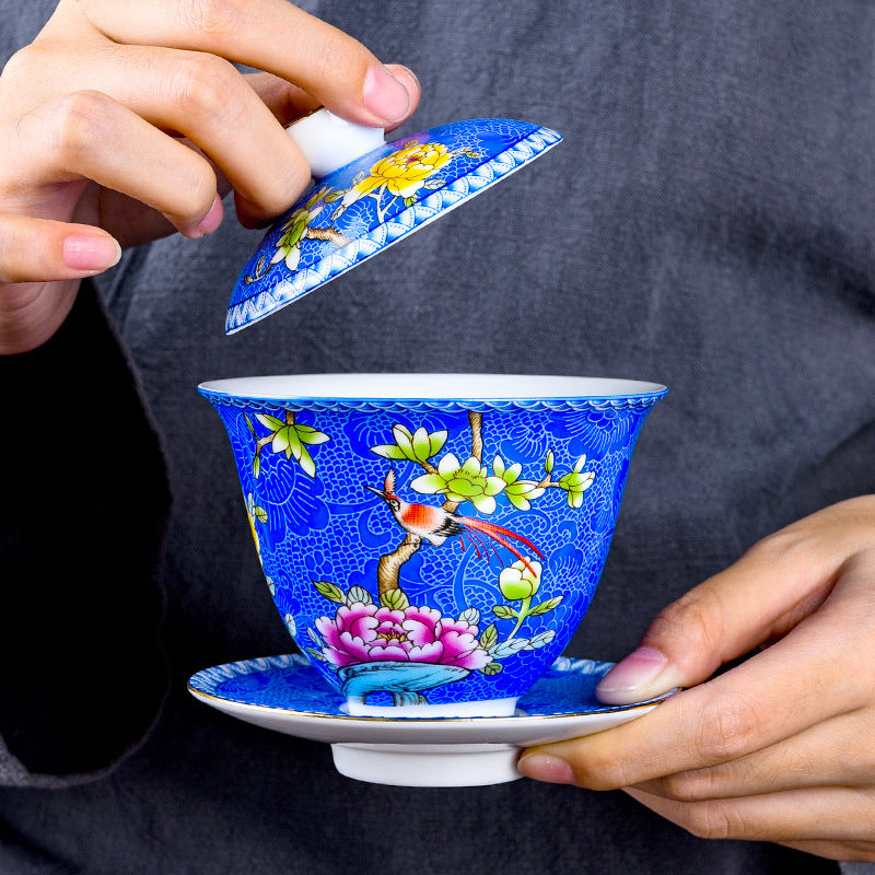 Ceramic Enamel Covered Tea Cup Set With Lid And Decor