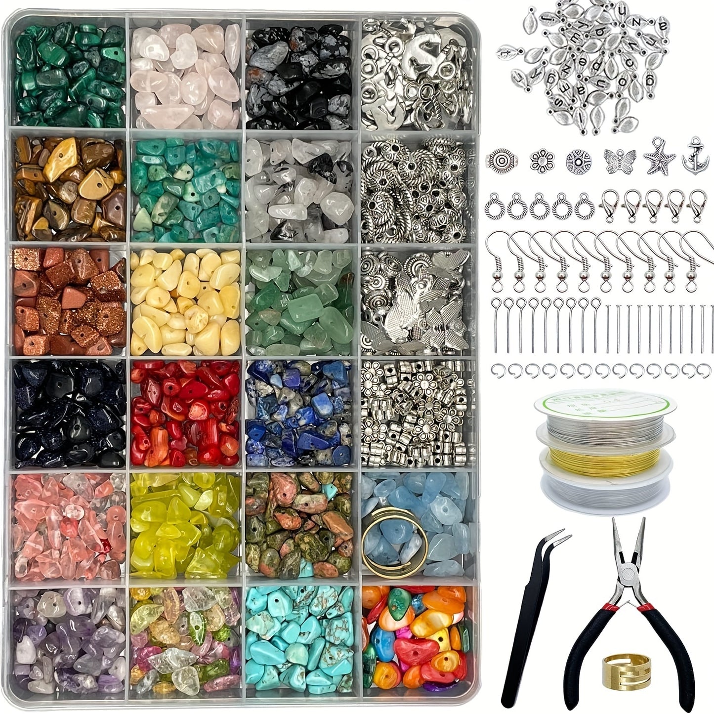 24 Grid Irregular Stone Beaded DIY Jewelry Kit With Tools