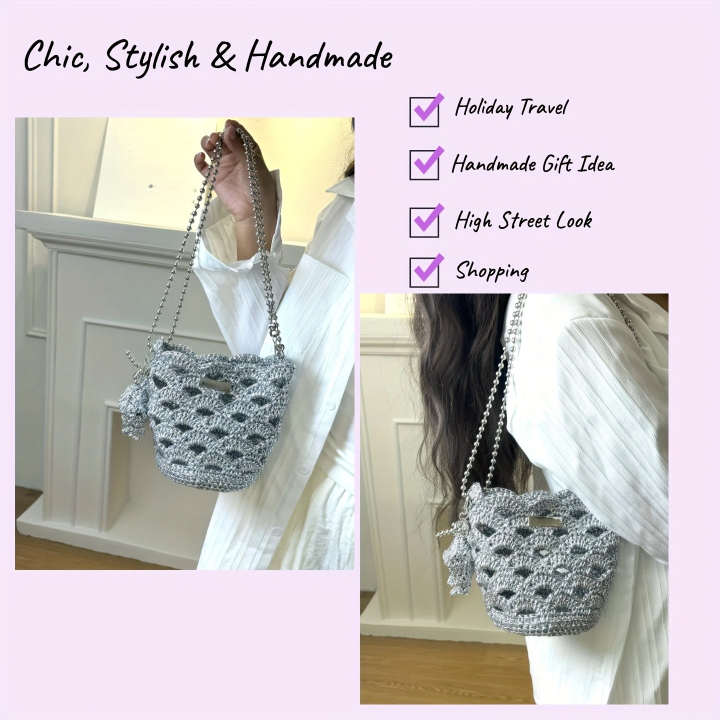 Metallic Silver Crochet Bag Kit With Beaded Chain Shell