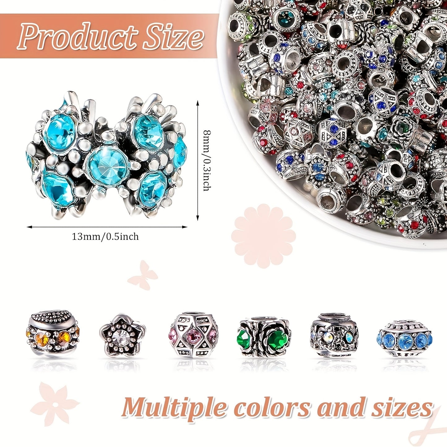 Metal Bead Set With Rhinestone Large Hole DIY Jewelry