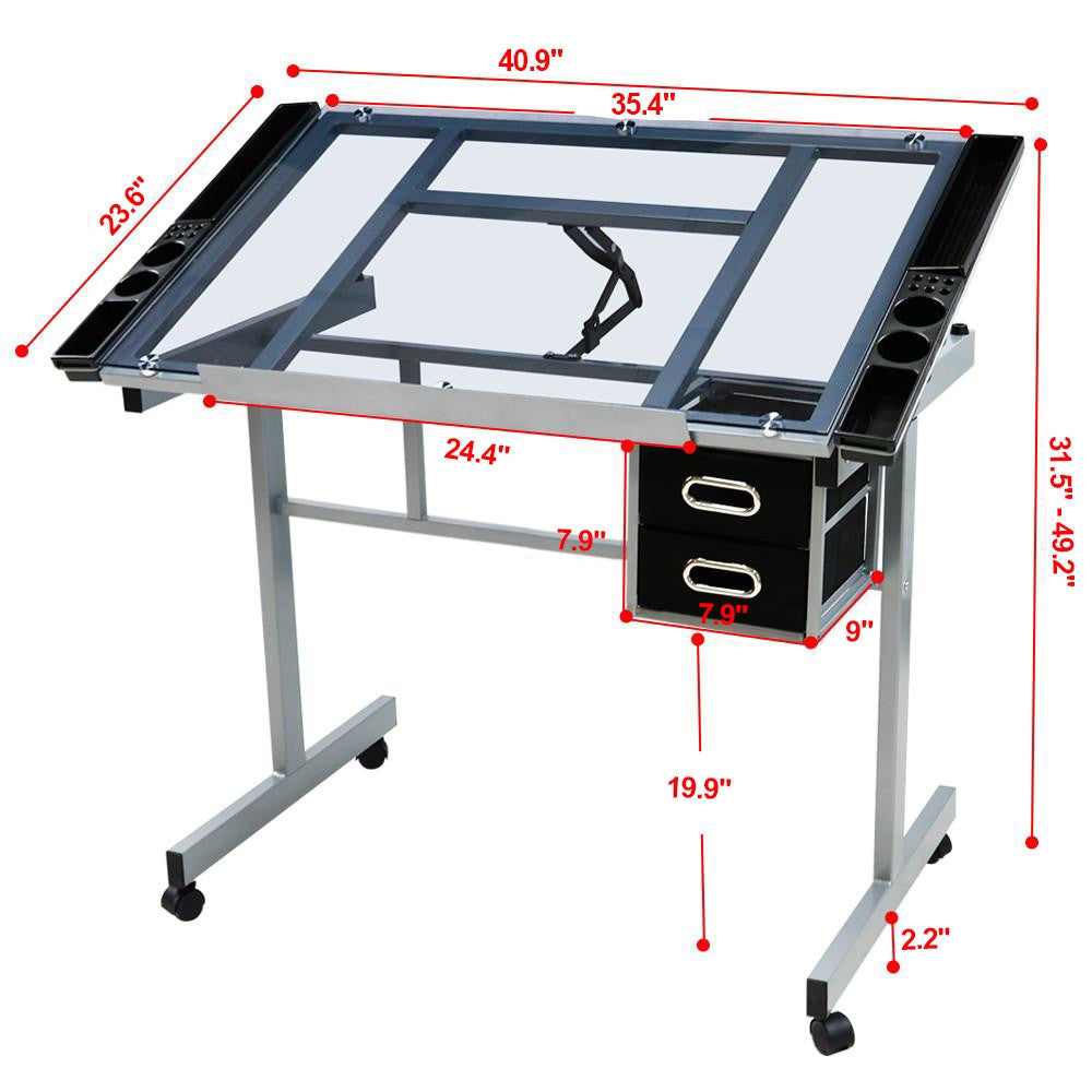 Costoffs Adjustable Glass Art Desk With Wheels And Drawers