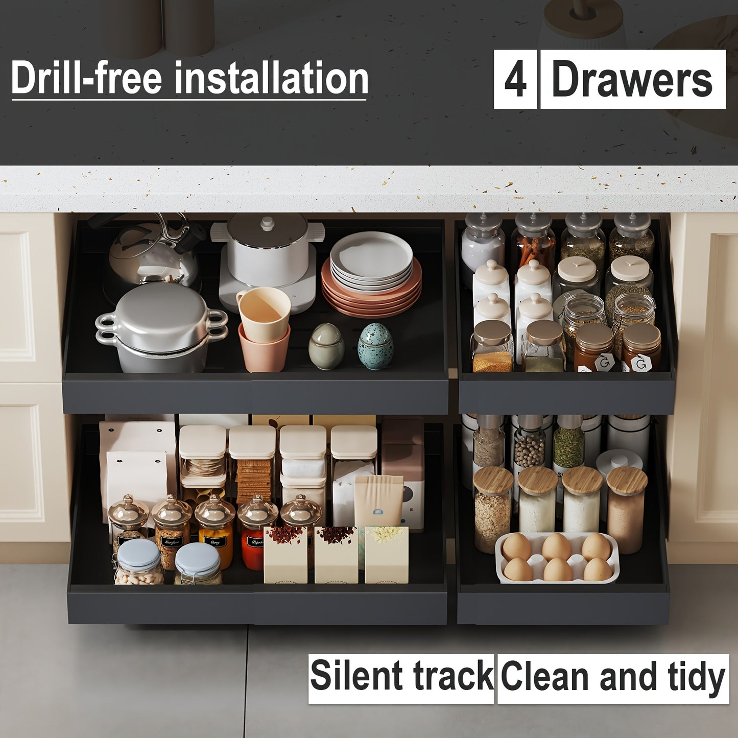 4-Drawer Heavy Duty Slide Out Cabinet Organizer 12.6-20.6