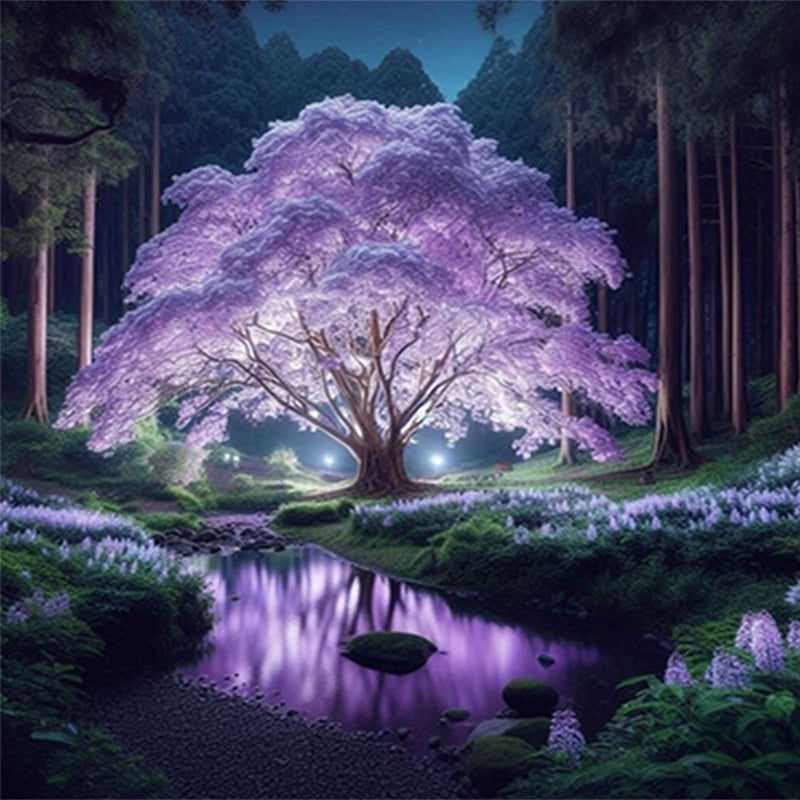 5D Purple Night Light Cherry Blossom Diamond Painting Kit