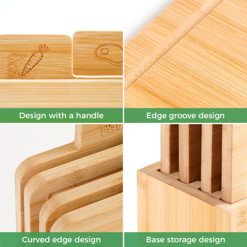 Bamboo Cutting Board Set With Stand Juice Groove Food Icons