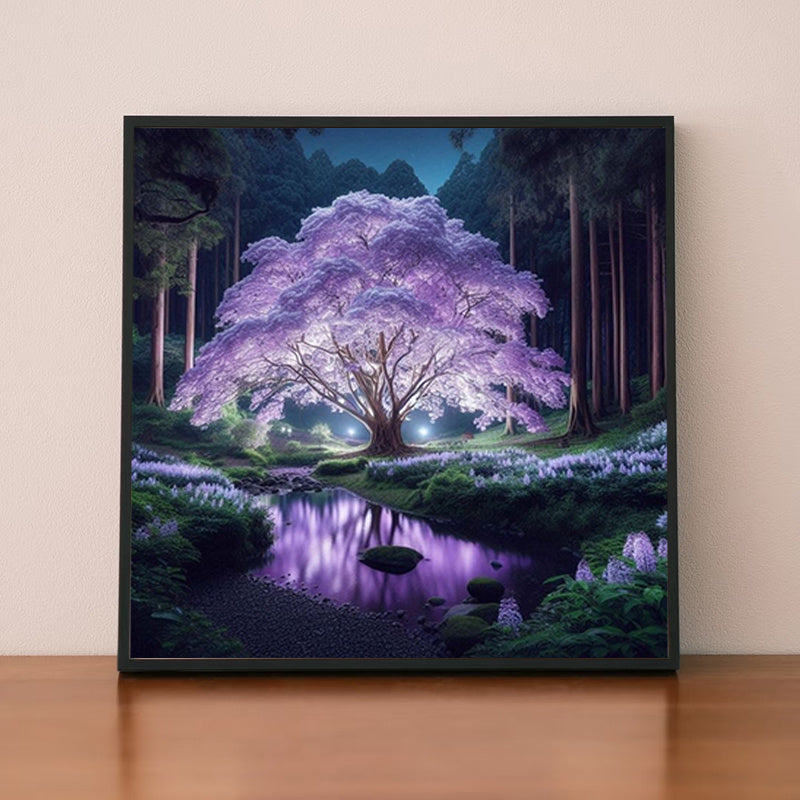 5D Purple Night Light Cherry Blossom Diamond Painting Kit