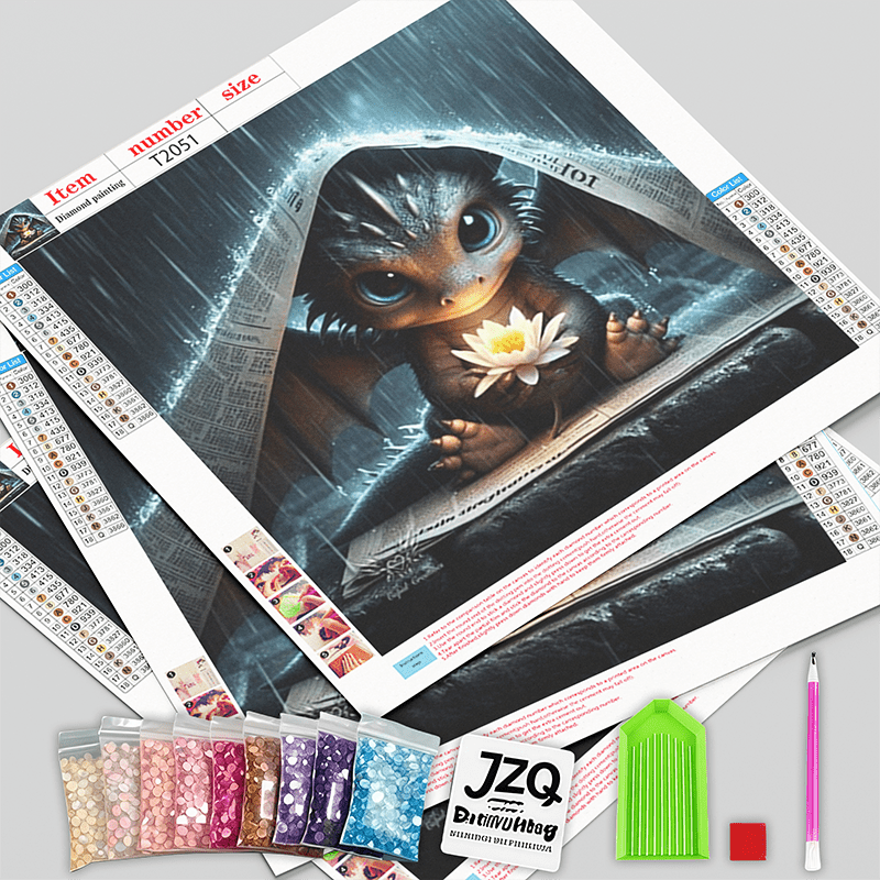 Cute Baby Dragon 5D Diamond Painting Kit With Lotus Decor