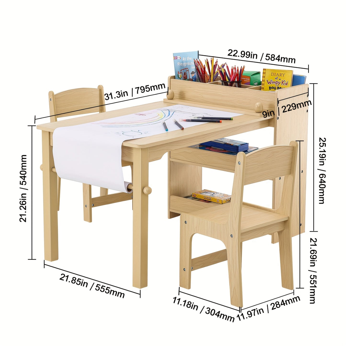 Happybuy Wooden Kids Art Table With 2 Chairs And Cabinet