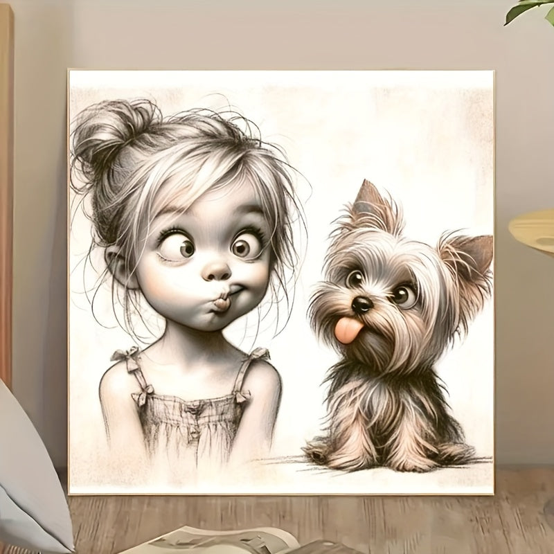 Diamond Art DIY Full Round Grumpy Face With Kid Dog