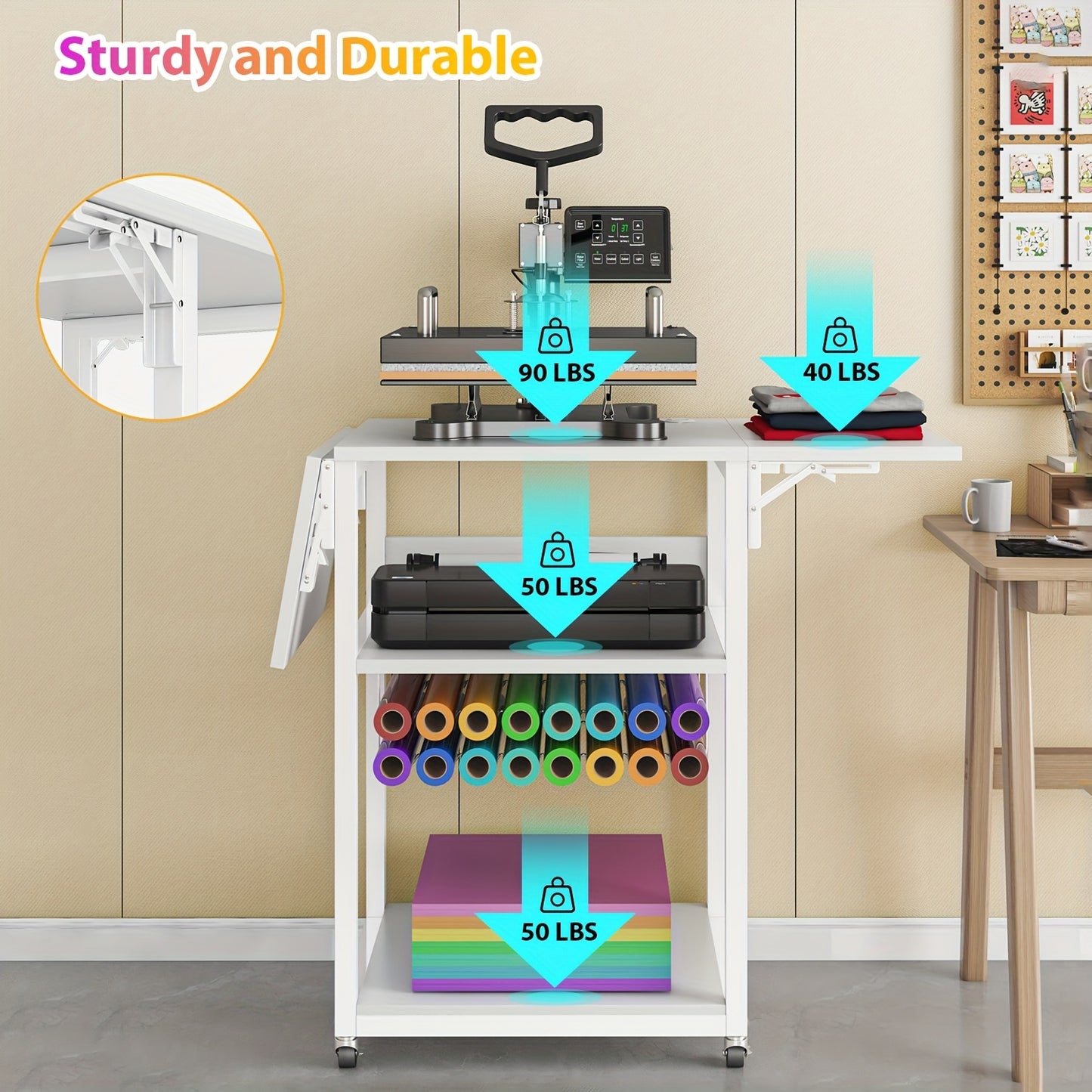 Foldable 3-Tier Heat Press Table with Vinyl Holder for DIY
