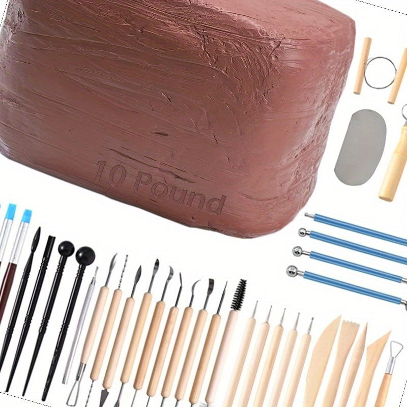 40Pc Pottery Clay Sculpting Tool Set With 10lb Air Dry Clay