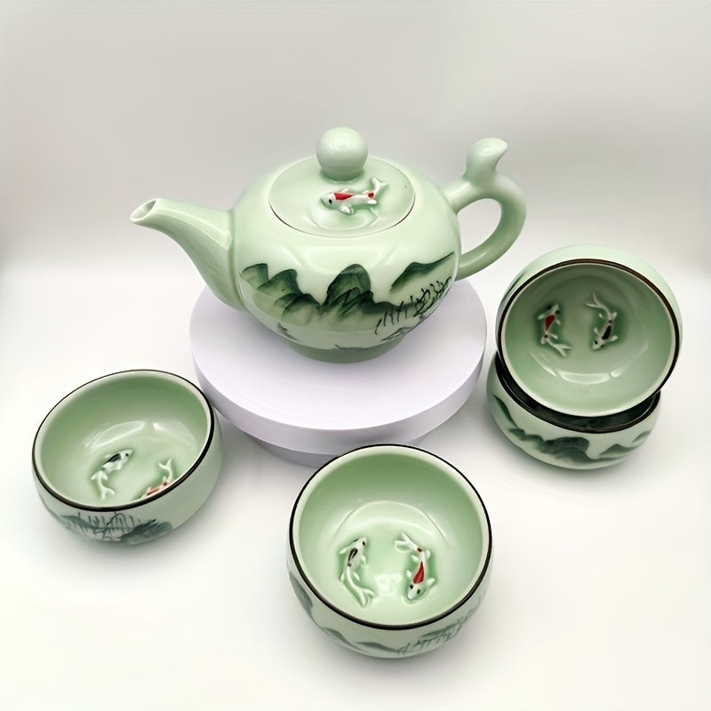 Hand Painted Modern Ceramic Carp Tea Set 5 Piece For Home