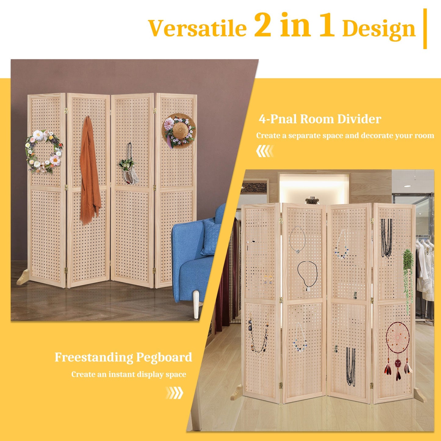5 Ft Wood Freestanding Pegboard Room Divider Organizer