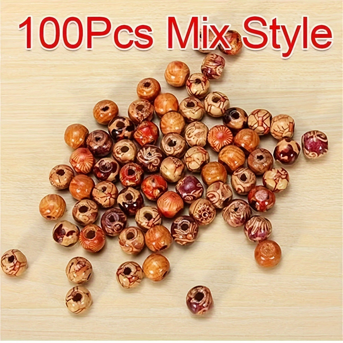 100 Pcs Wooden Beads Set Assorted Tribal Patterns For DIY