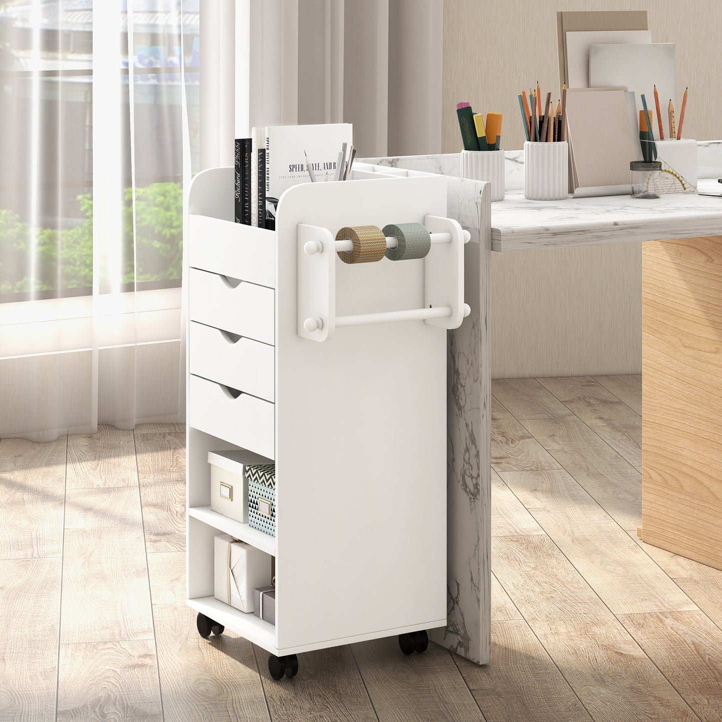 Versatile White Rolling Craft Cart with Drawers and Shelves