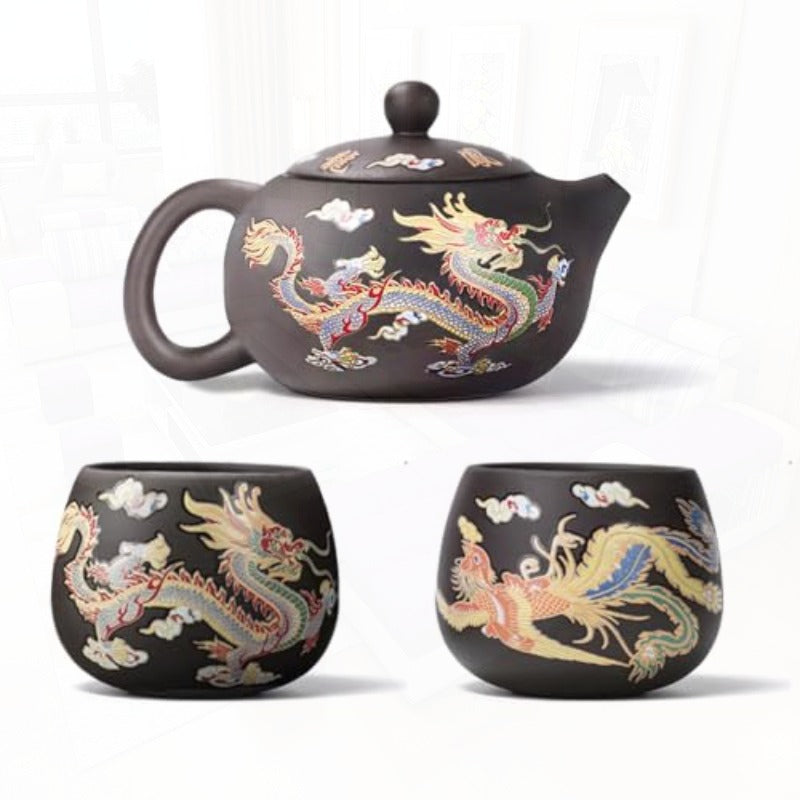 Dragon And Phoenix Color Changing Purple Clay Teapot Set