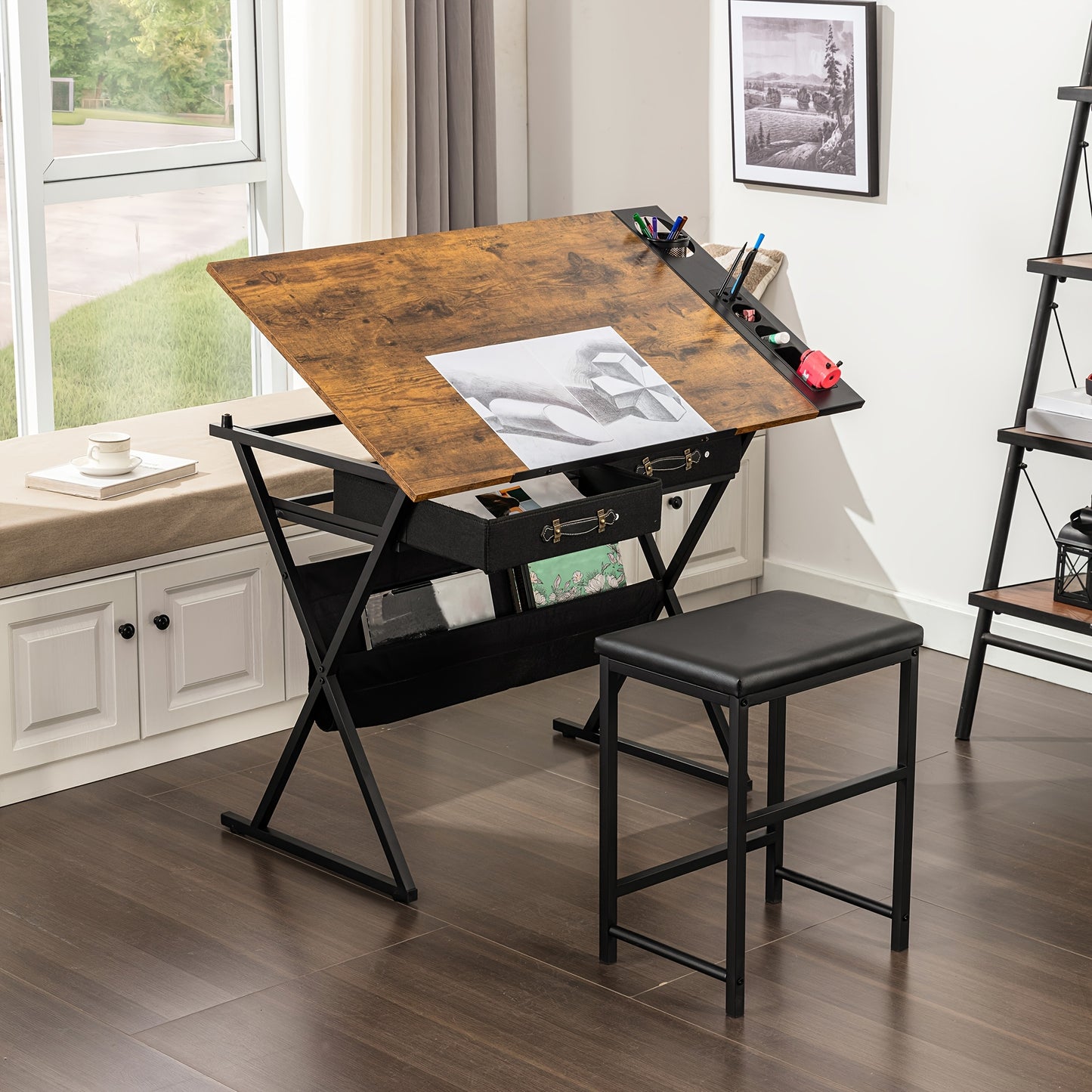 Brown Adjustable Drafting Table With Drawers And Stool