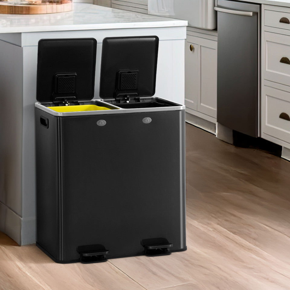 Caphaus Black Dual Trash Can With Double Lid And Recycle Bin