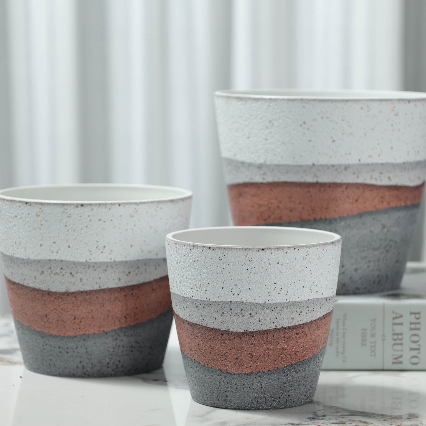 3-Piece PolyStone Modern Round Planters, Indoor Outdoor