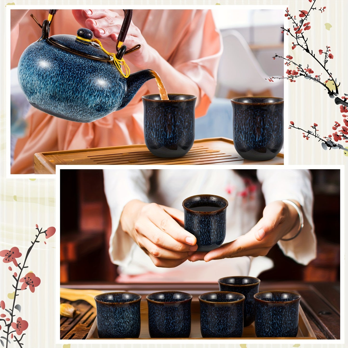 Japanese Tea Set 7 Pieces Teapot 6 Cups Tray Blue Porcelain