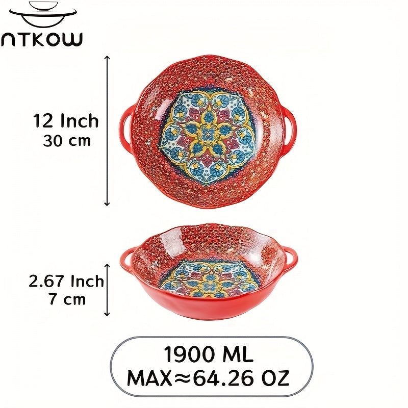 NTKOW Bohemian Ceramic Salad Bowl 12 Inch Dual Handles