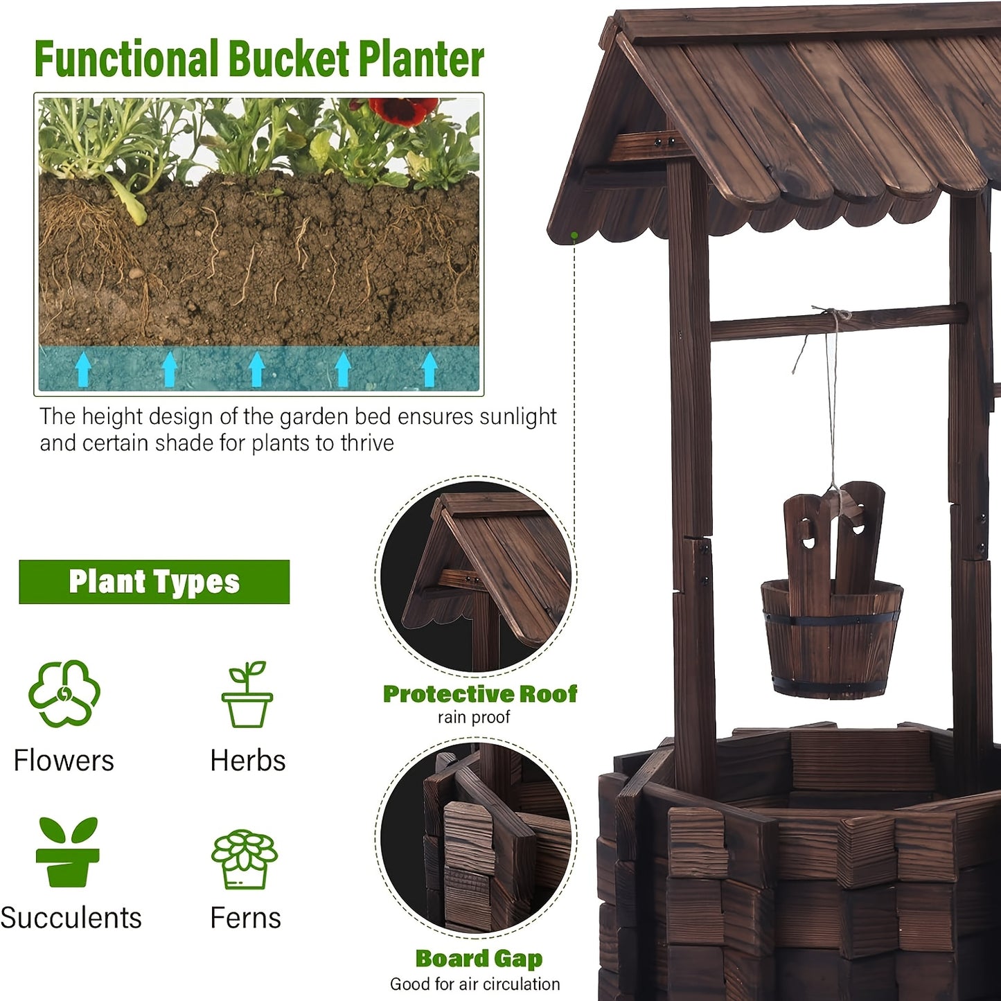 Rustic Wooden Wishing Well Planter With Hanging Bucket