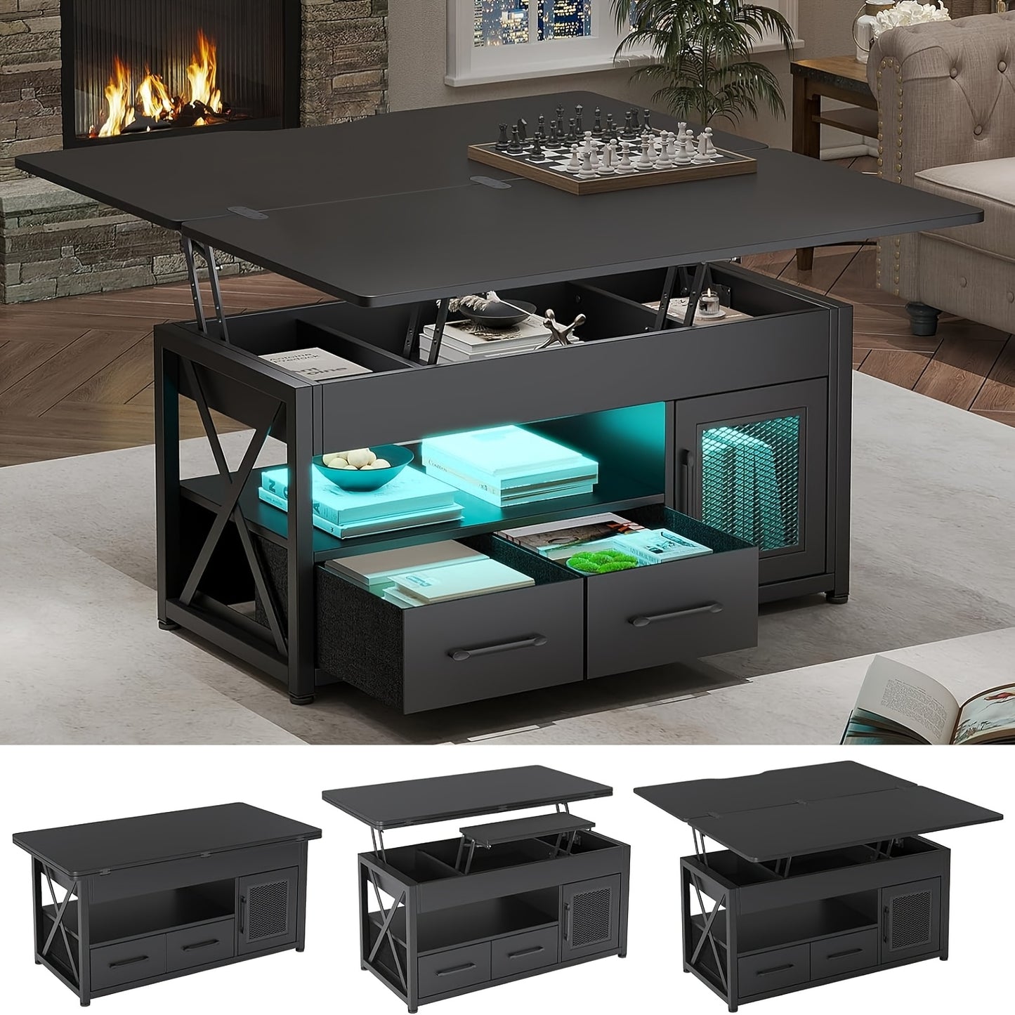 40 In Lift Top Coffee Table With Storage Drawers LED Light