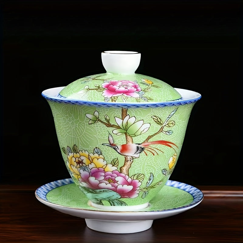 Ceramic Enamel Covered Tea Cup Set With Lid And Decor