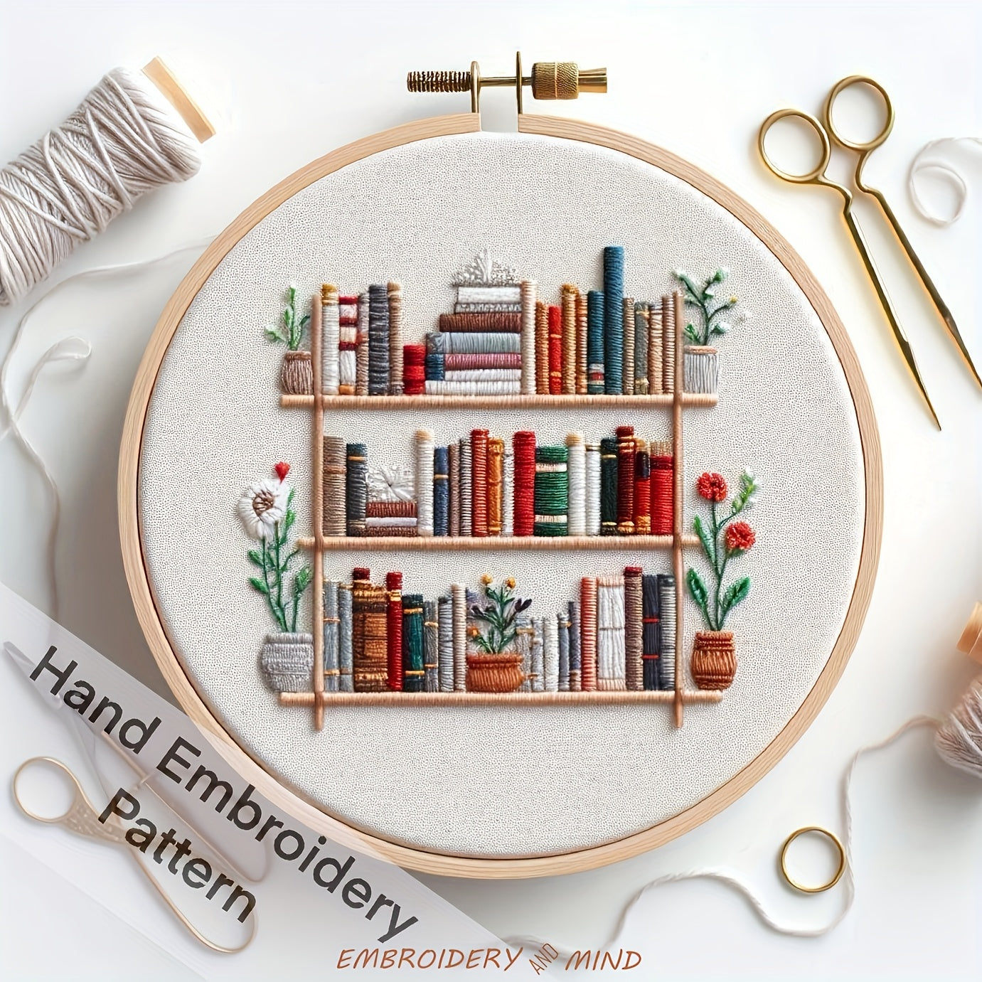 Flower Embroidery Kit With Bookshelf Pattern For Beginners