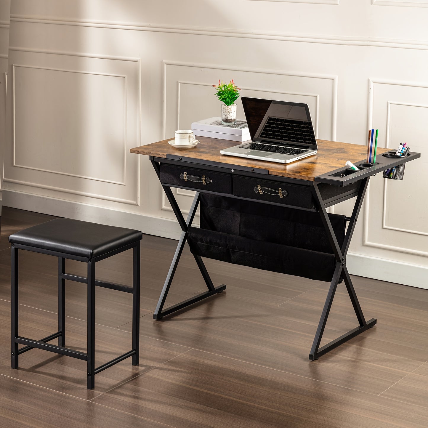 Brown Adjustable Drafting Table With Drawers And Stool