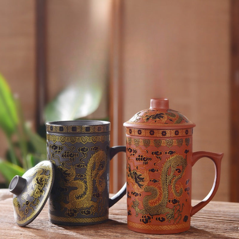 Purple Ceramic Tea Cup With Lid Dragon Color Changing Design