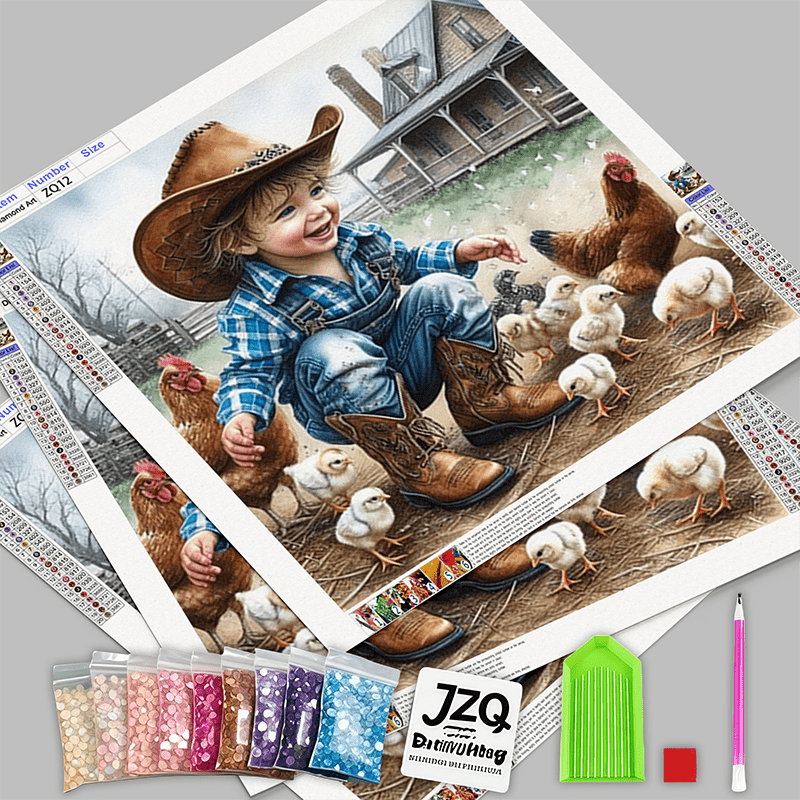 5D Diamond Painting Kit Cowboy And Chickens Round Canvas
