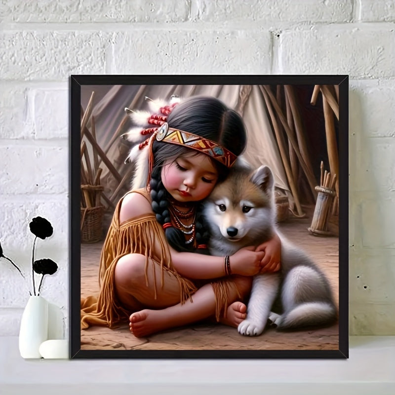 Native American Girl And Dog Diamond Painting Kit Mosaic