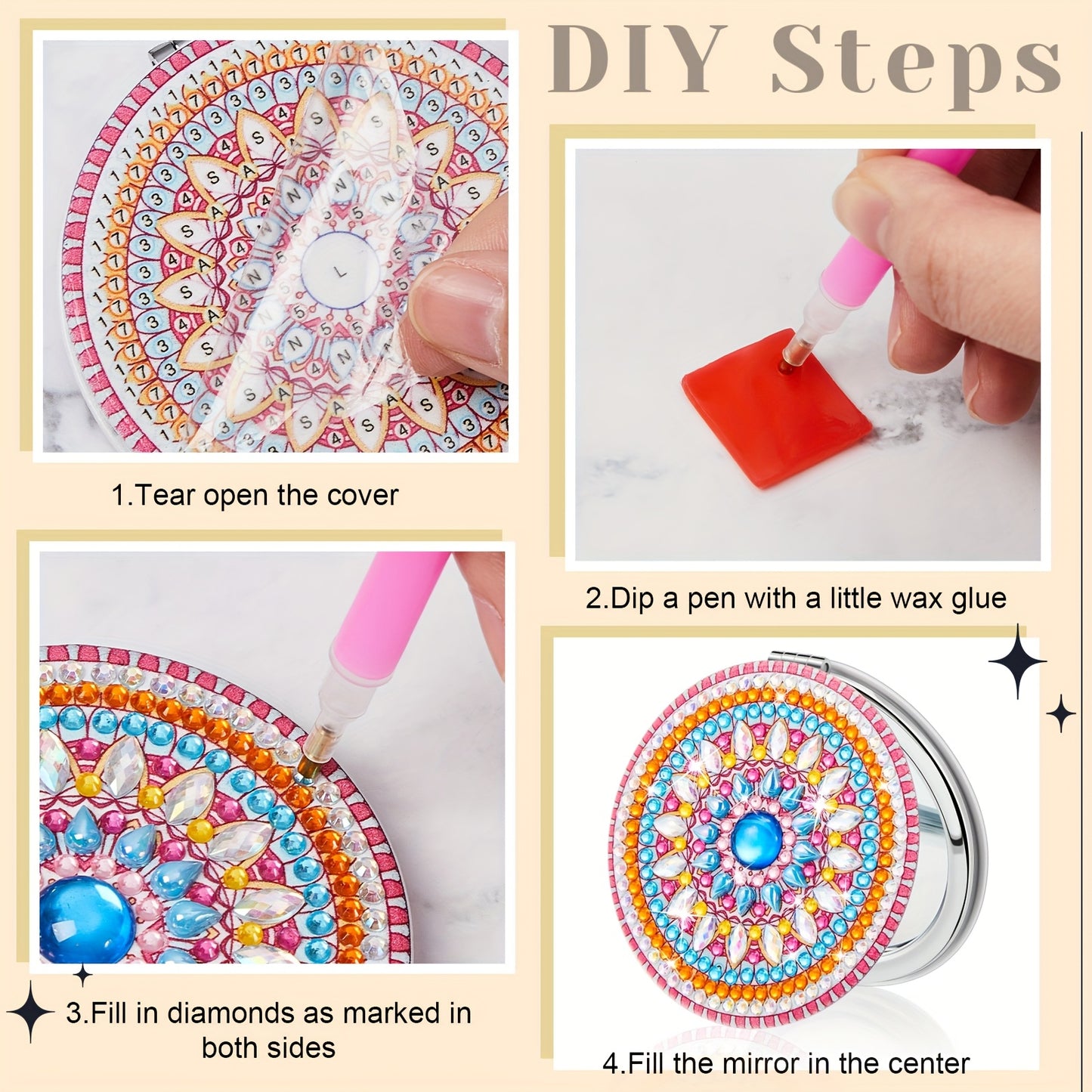 Mandala Diamond Painting Mirror Kit 12pcs Portable Pocket