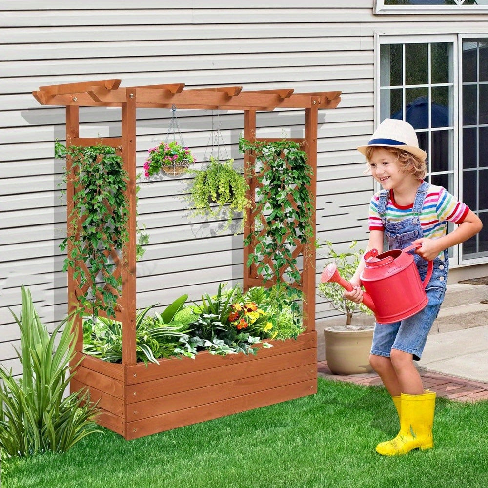 Teak Wood Raised Garden Bed With Trellis And Arched Roof