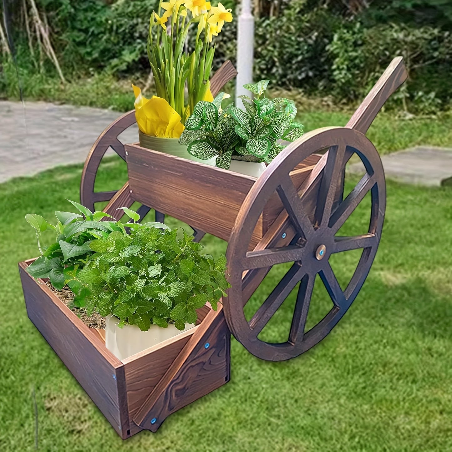 Decorative Wooden Wagon Planter for Indoor Outdoor Gardens