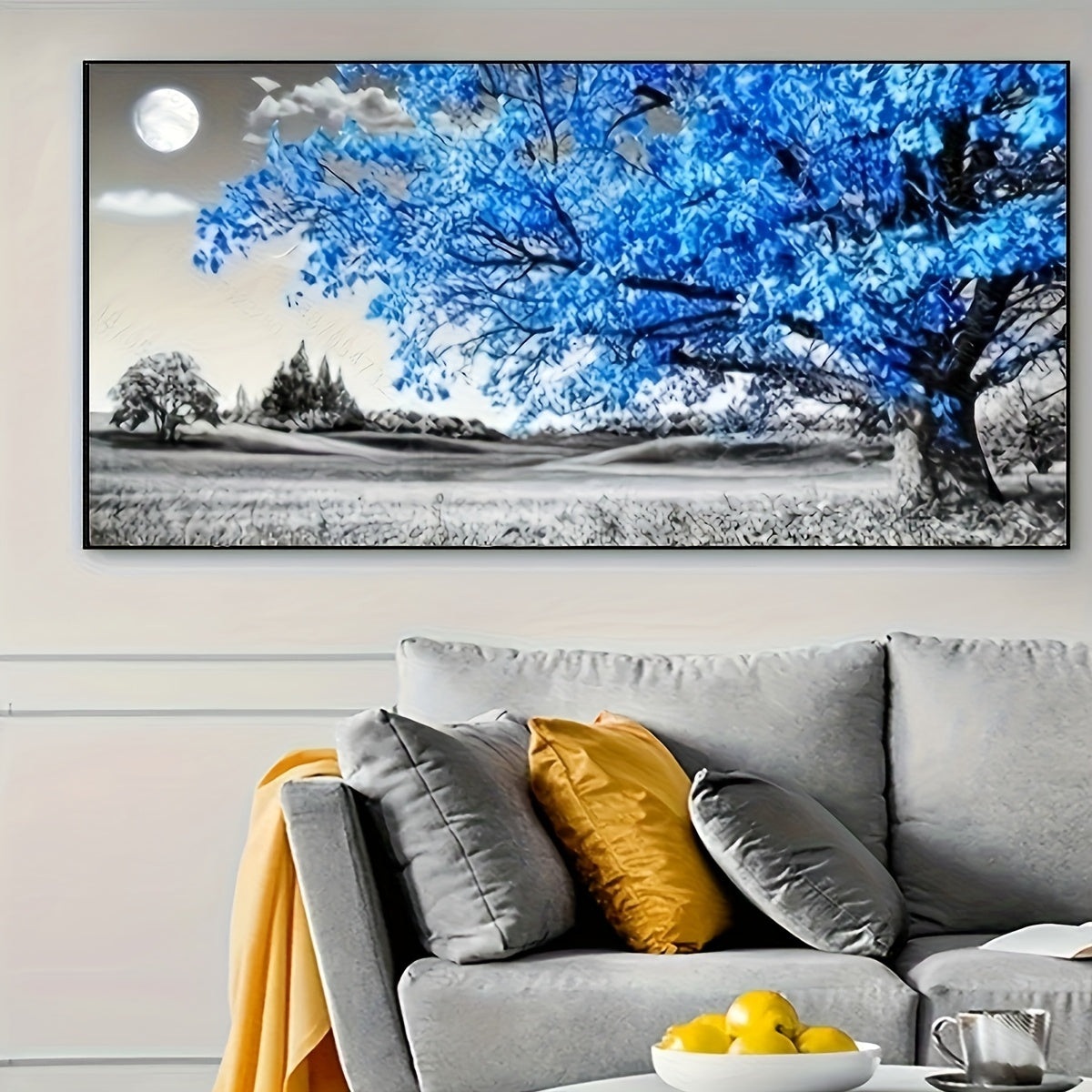 Frameless Round Diamond Painting Kit Blue Tree Wall Decor