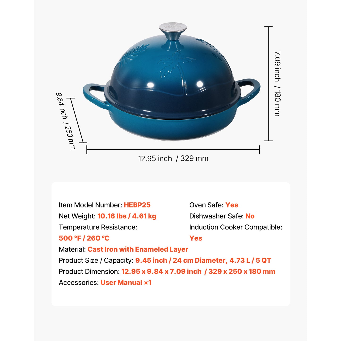 VEVOR Enameled Cast Iron Dutch Oven 5 Qt Dual Handles Lid