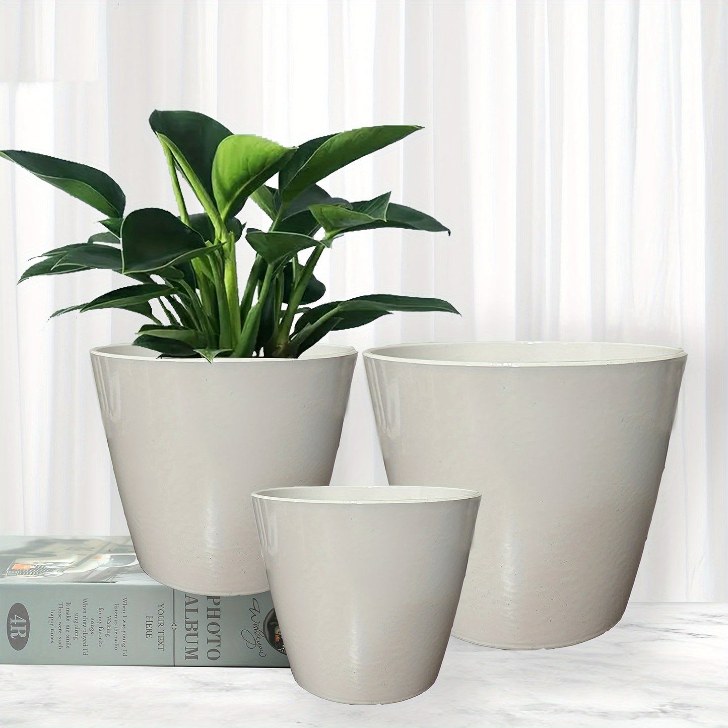 3-Piece PolyStone Modern Round Planters, Indoor Outdoor