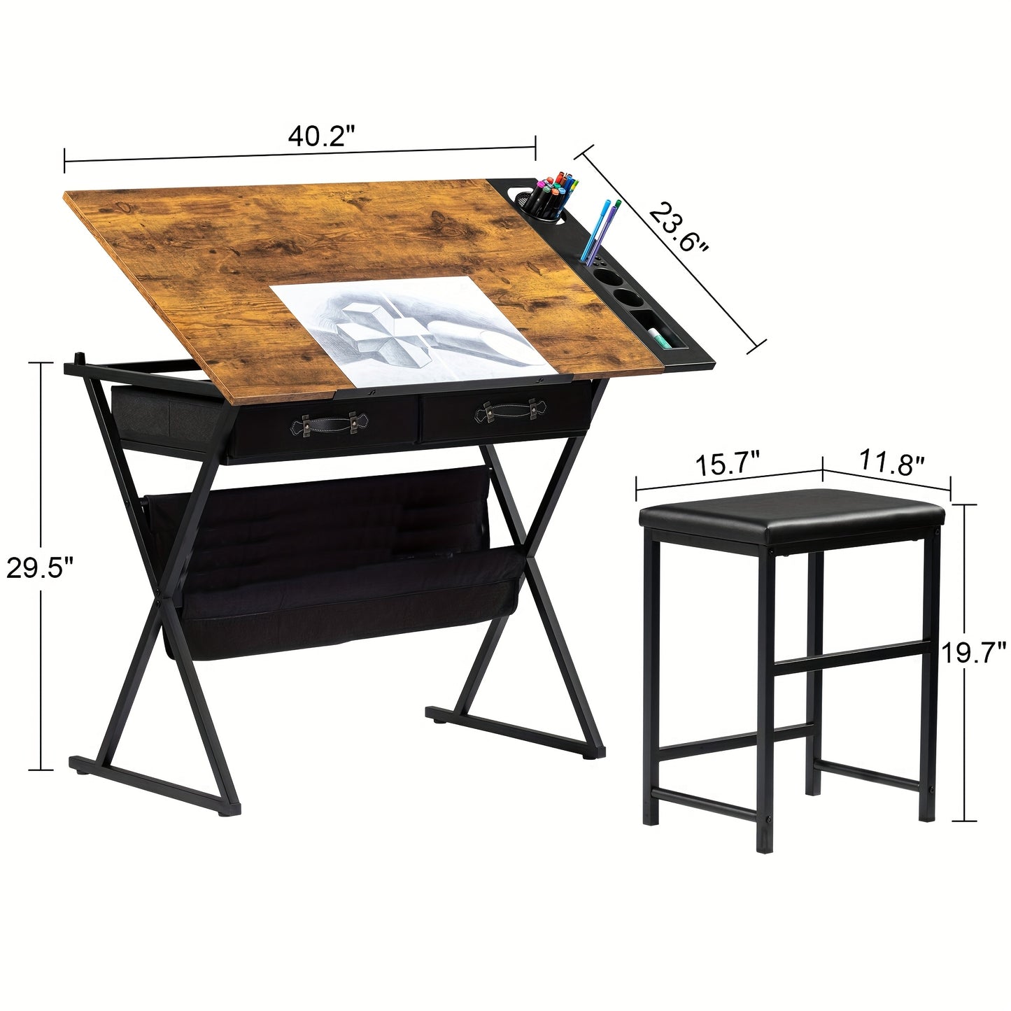 Brown Adjustable Drafting Table With Drawers And Stool