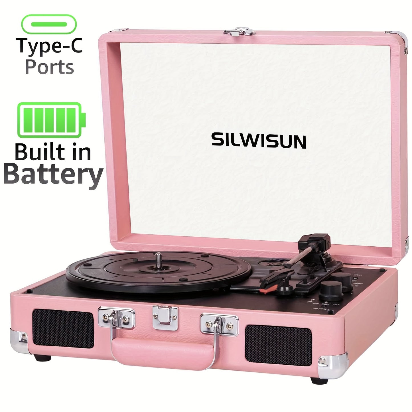 Pink Portable Bluetooth Vinyl Record Player 3 Speed Battery