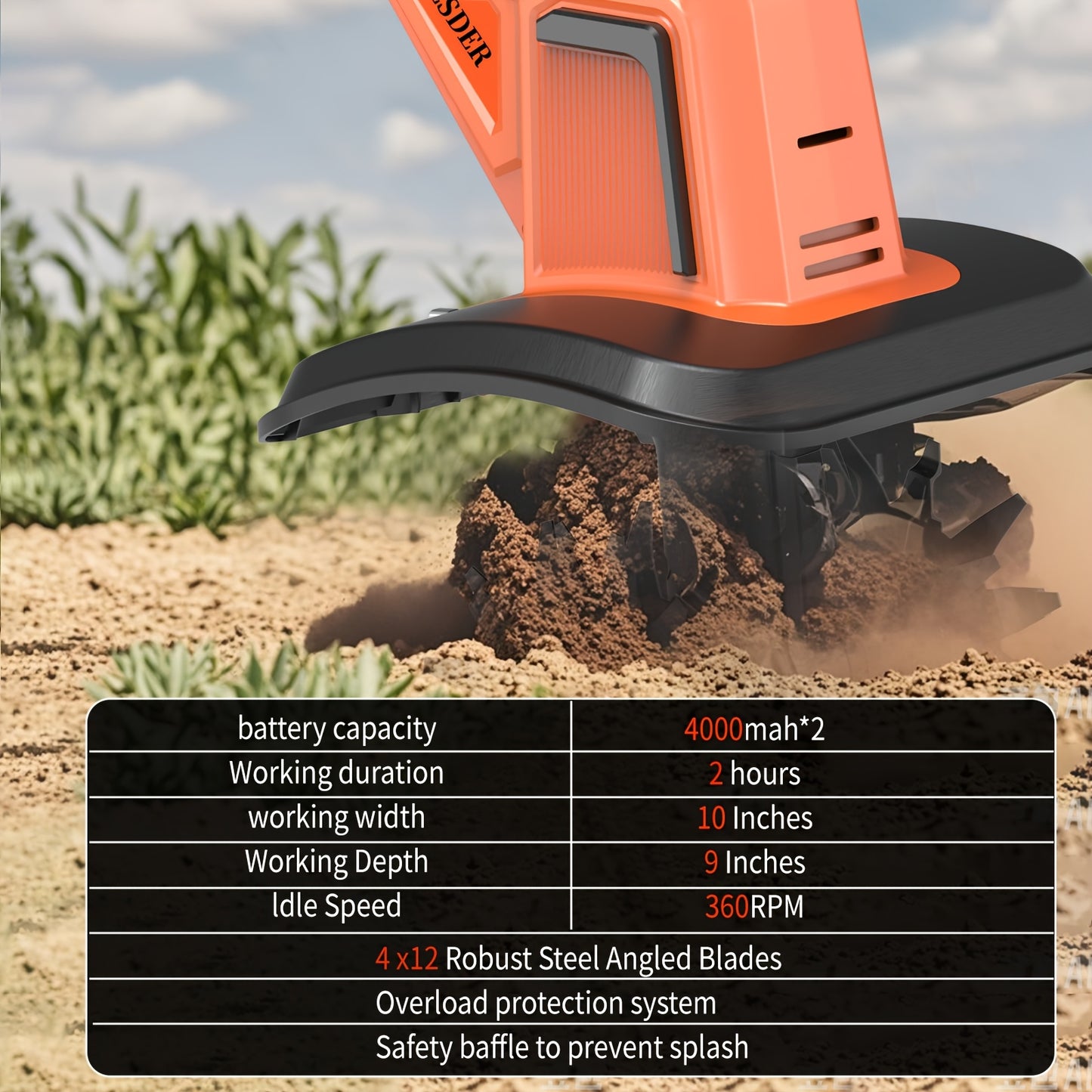 KITESDER 20V Tiller Cultivator 9 Inch Wide 4x12 Tines