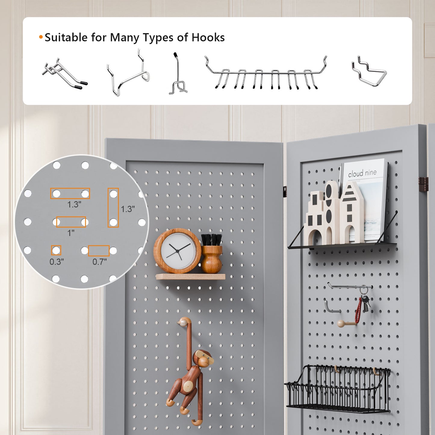 5 Ft Wood Freestanding Pegboard Room Divider Organizer